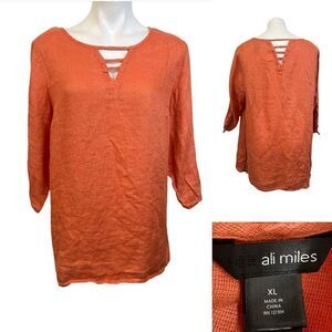 Ali Miles Orange Linen-Blend Long Sleeve Tunic Top